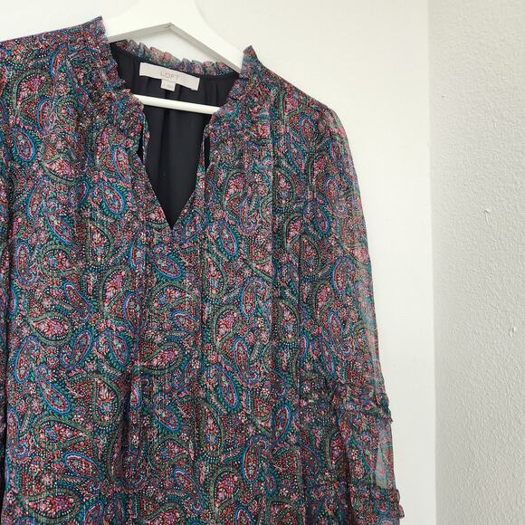 LOFT Paisley Sheer Ruffle Long Sleeve Blouse V Neck Boho Fall Top L - Picture 3 of 8